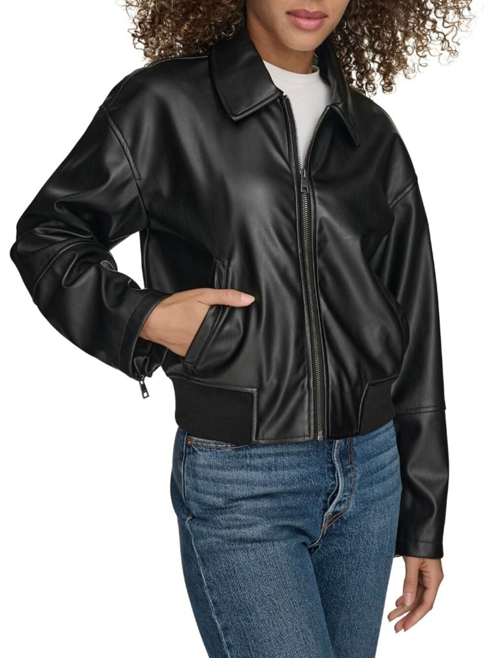 Women's Black Faux Leather Laydown Collar Two Hidden-Zipper Bomber Jackets